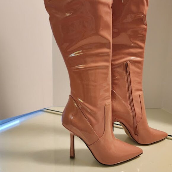 Steve Madden Over-the-Knee Pink Patent Leather Heeled Boots - Picture 4 of 10